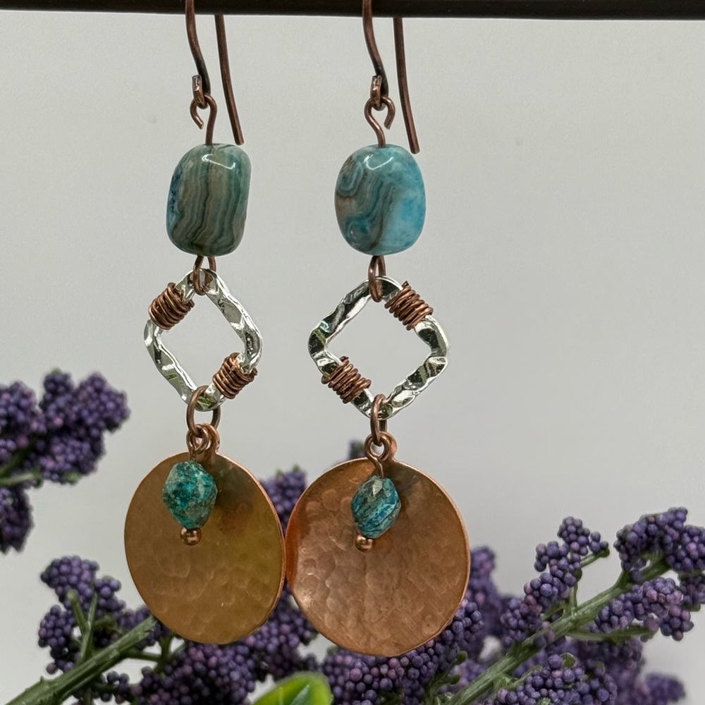Copper and Turquoise Dangle Earrings - Picture 7 of 8